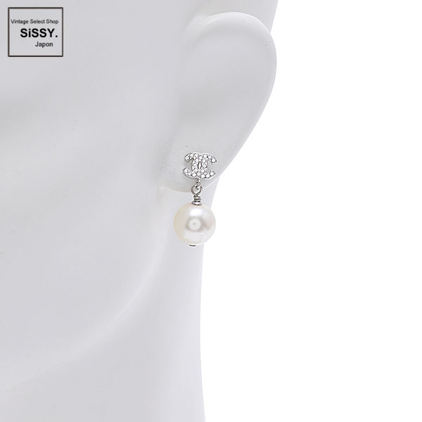 ■シャネル■ ピアス ココマーク ラインストーン フェイクパール ホワイト シルバー クリア B14V 【CHANEL】