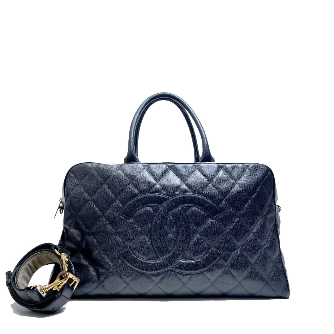 CHANEL シャネル 2WAY ボストンバッグ キャビアスキン ココマーク ブラック ゴールド金具 8番台(2003年頃製造)