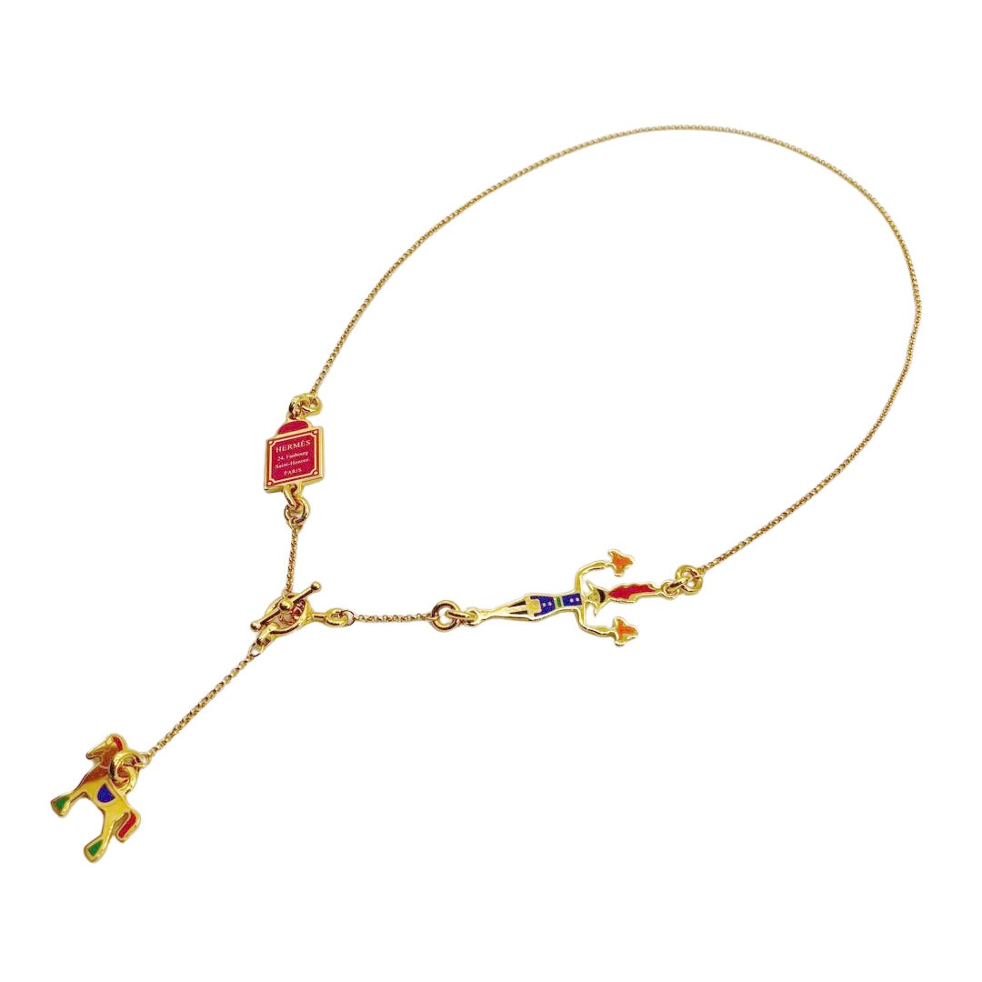 HERMES エルメス ネックレス シュヴァル・グランド・パラード 花火師 ゴールド/カザック(ピンク系) H100005F AH