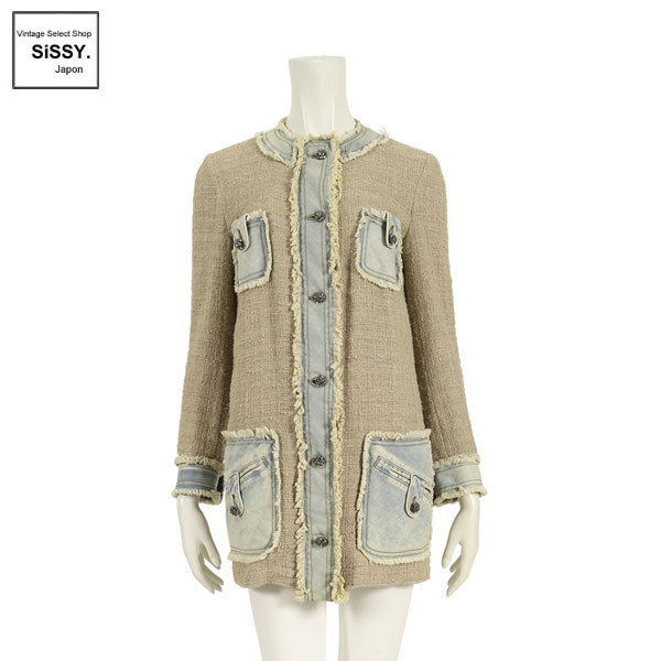 ■ドルチェアンドガッバーナ■ ツイード ノーカラーコート ベージュ 水色 デニム切替 ユーズド加工 38(S) 【DOLCE&GABBANA】