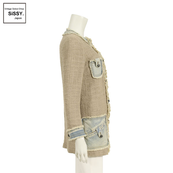 ■ドルチェアンドガッバーナ■ ツイード ノーカラーコート ベージュ 水色 デニム切替 ユーズド加工 38(S) 【DOLCE&GABBANA】