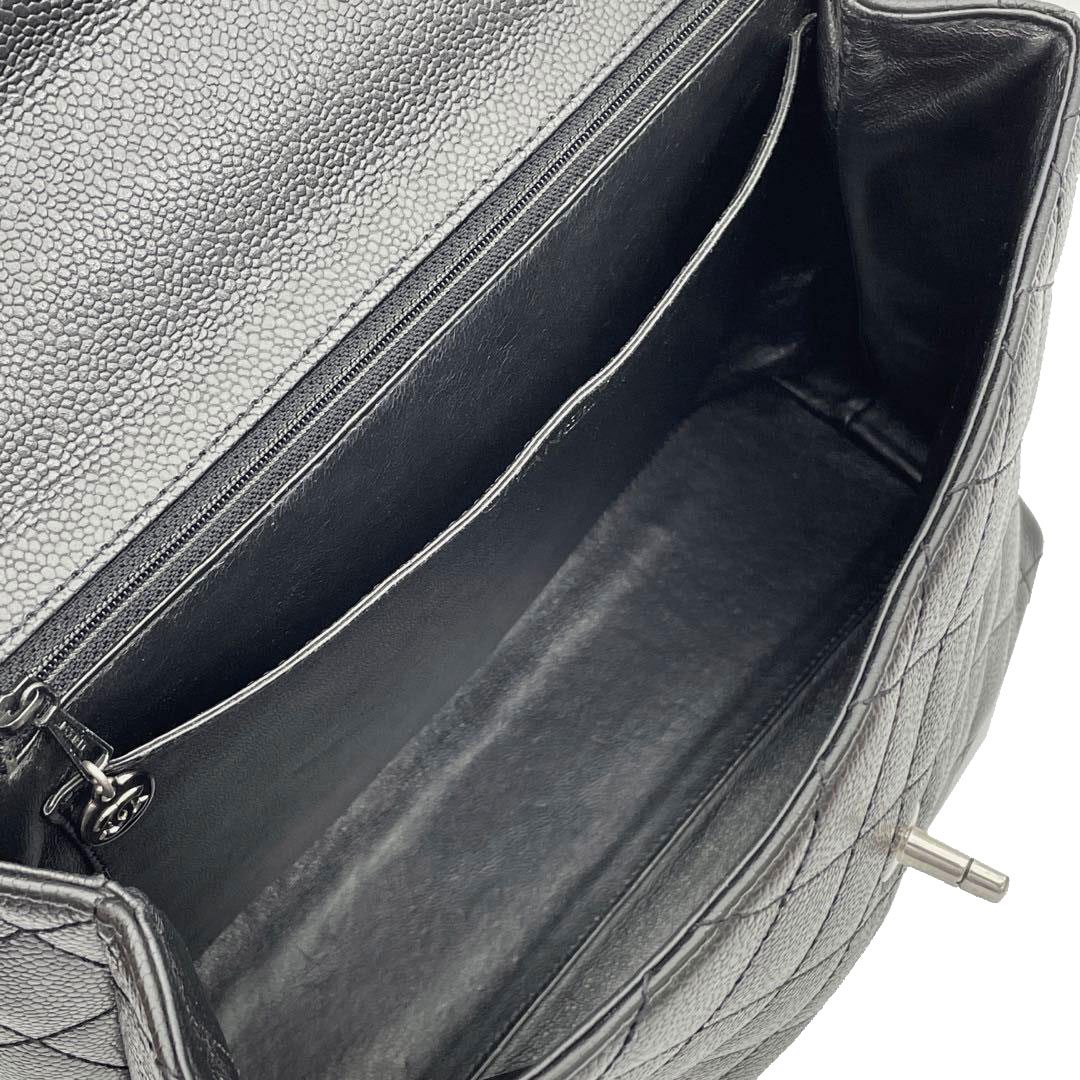 CHANEL シャネル ケリー型ハンドバッグ キャビアスキン ココマーク ターンロック ブラック シルバー金具 6番台