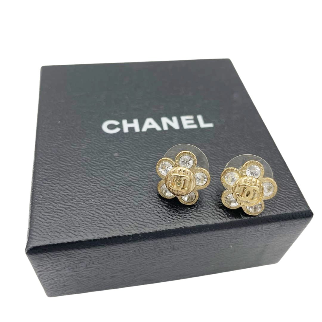 CHANEL シャネル フラワーピアス ココマーク ラインストーン 07A シャンパンゴールド