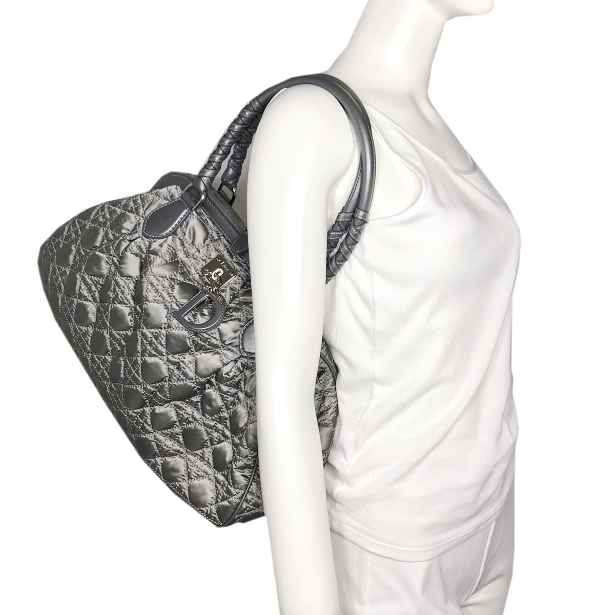 Christian Dior クリスチャンディオール カナージュ ハンドバッグ ナイロン レザー シルバー