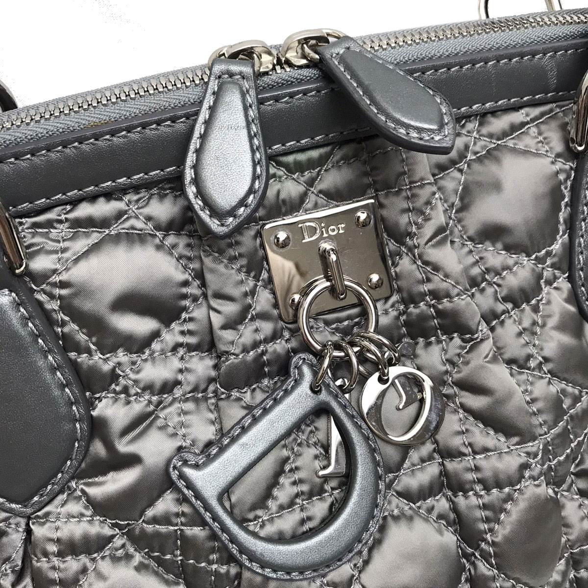Christian Dior クリスチャンディオール カナージュ ハンドバッグ ナイロン レザー シルバー