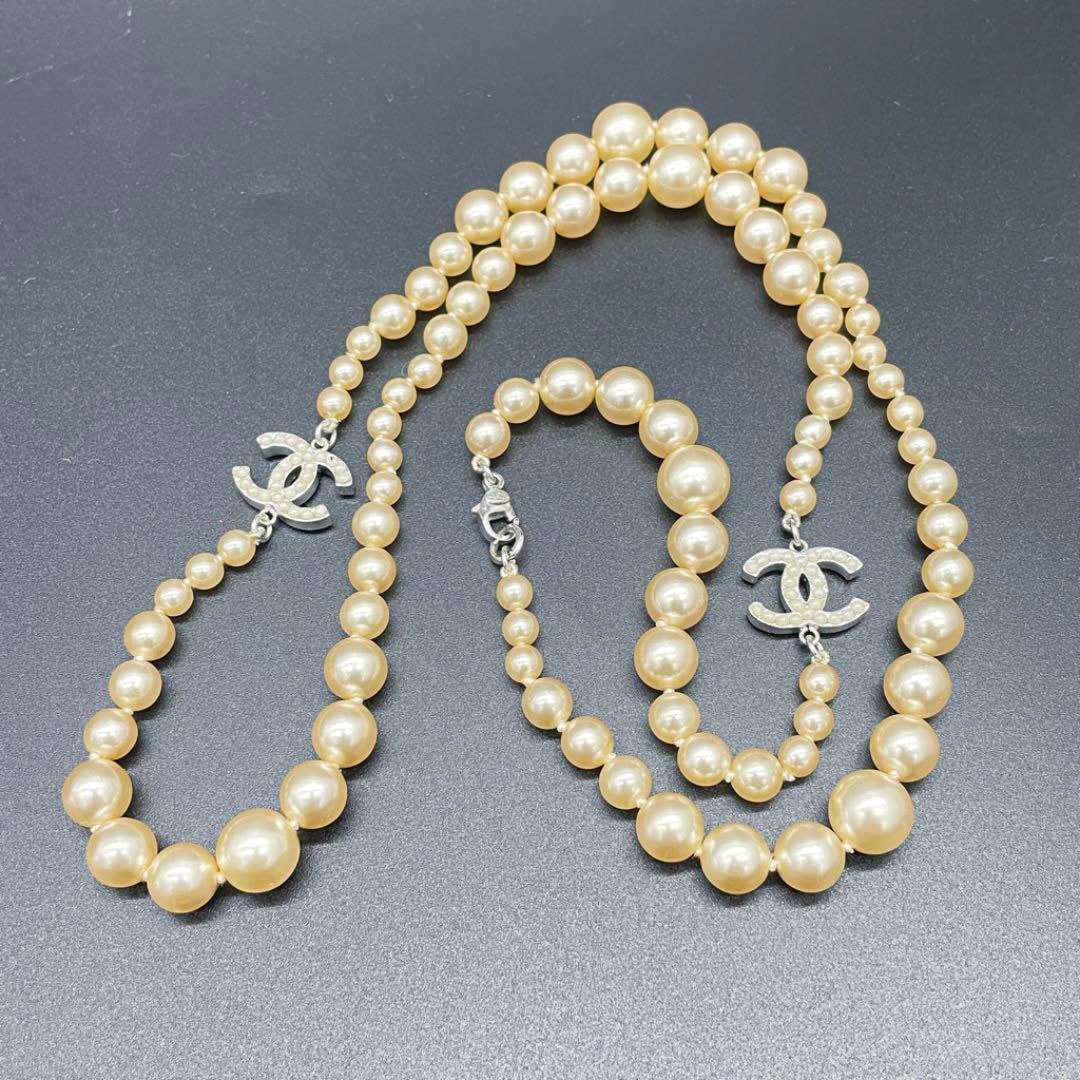 【希少】シャネル フェイクパールネックレス ロング　ゴールド ココマーク 刻印 CHANEL シャネル 2016 フェイクパールボール ココマークロング
