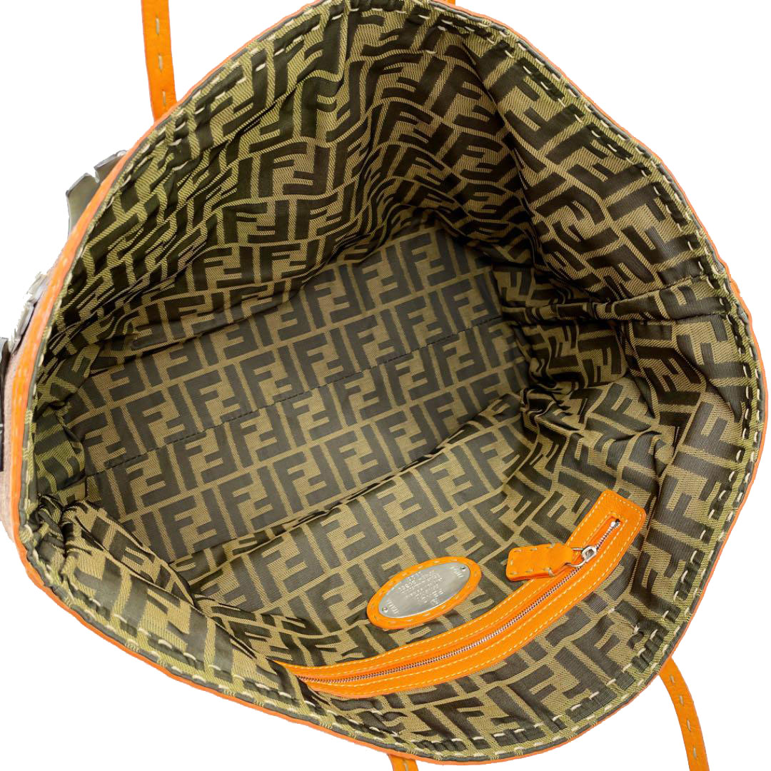 FENDI フェンディトートバッグ セレリア ストロー レザー シェルモチーフ ズッカ柄 ブラウン オレンジ