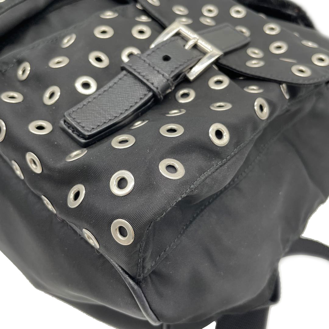 PRADA プラダ リュックサック デイパック ナイロン ファー レザー パンチング 三角ロゴプレート ブラック 1BZ811