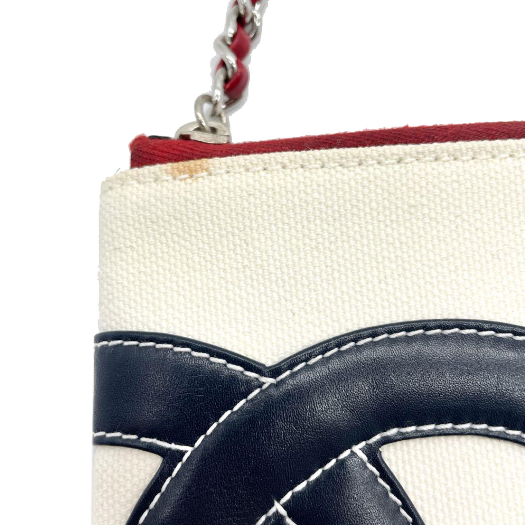 CHANEL シャネル チェーンショルダーポーチ チョコバー ココマーク キャンバス レザー アイボリー シルバー レッド ネイビー 7番台