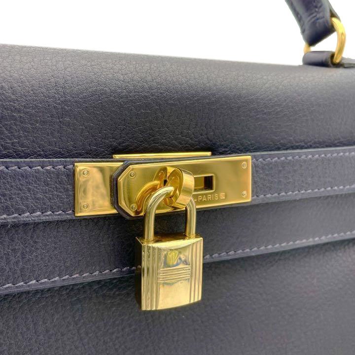 HERMES エルメス ハンドバッグ ケリー32 内縫いトゴ ダークネイビー系 ゴールド金具 □A刻印