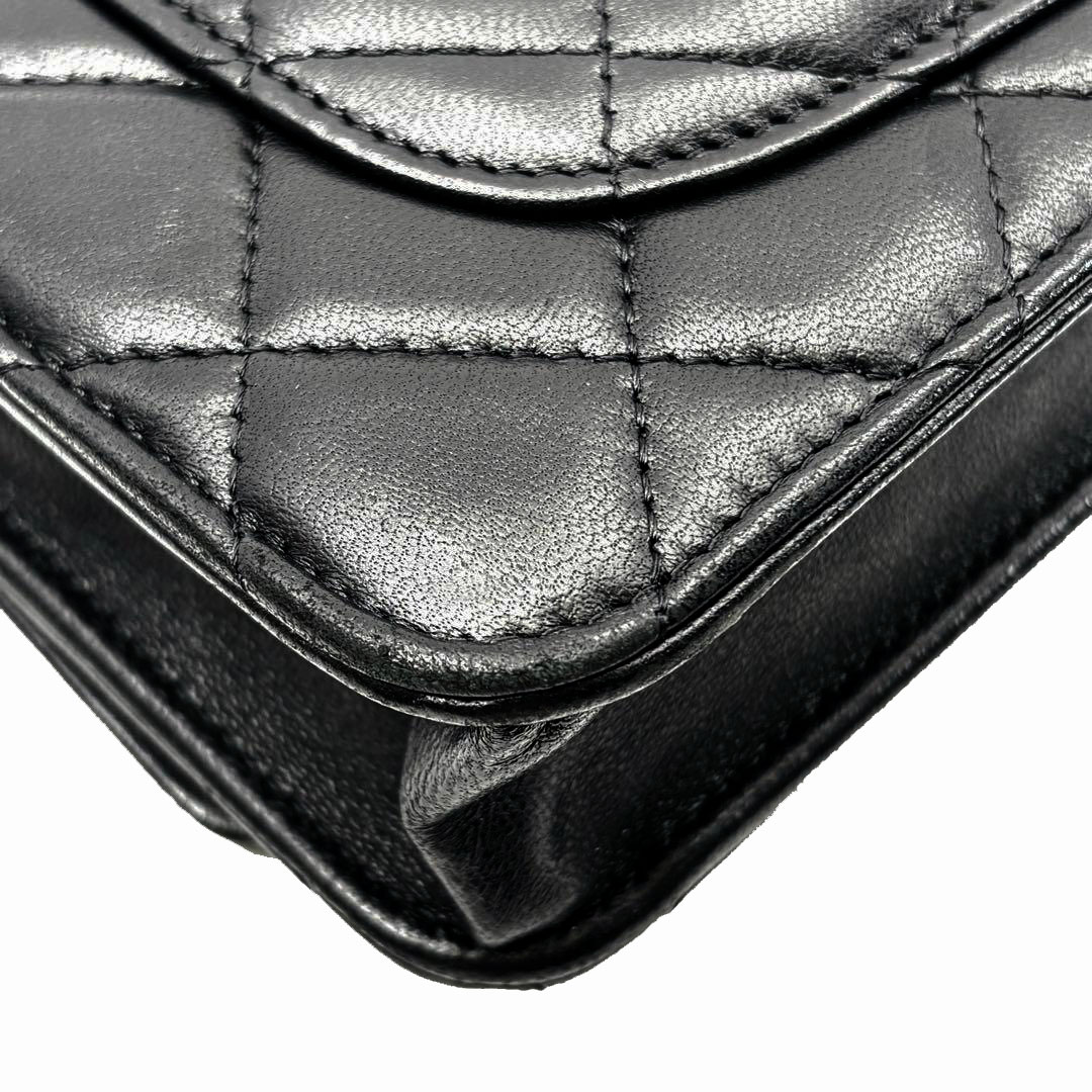 CHANEL シャネル マトラッセ チェーンウォレット タイムレスクラシック ラムスキン ブラック シルバー金具 19番台