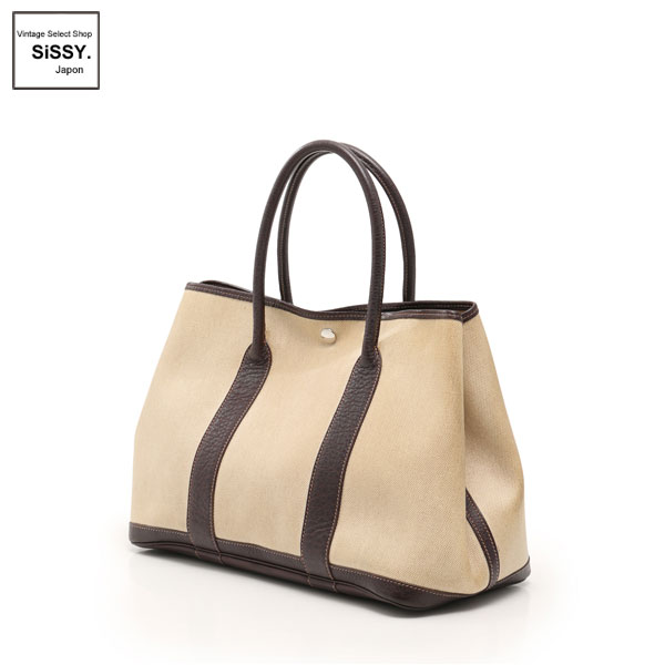 ■エルメス■ ガーデンパーティPM トートバッグ トワルアッシュ レザー ベージュ ダークブラウン □F刻印 【HERMES】