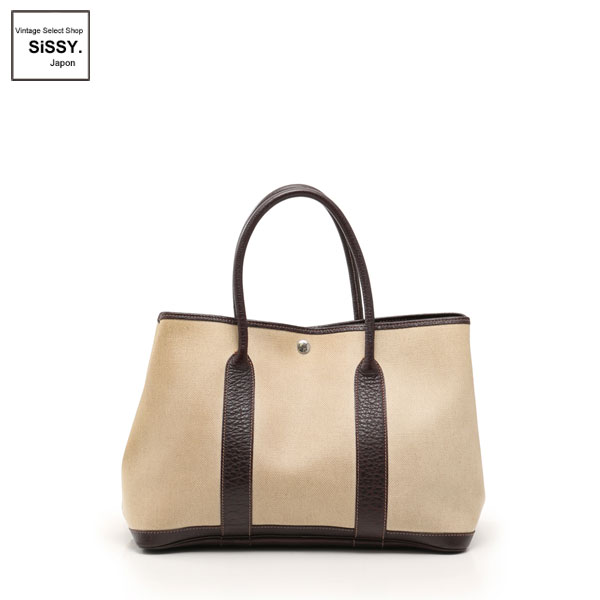 ■エルメス■ ガーデンパーティPM トートバッグ トワルアッシュ レザー ベージュ ダークブラウン □F刻印 【HERMES】