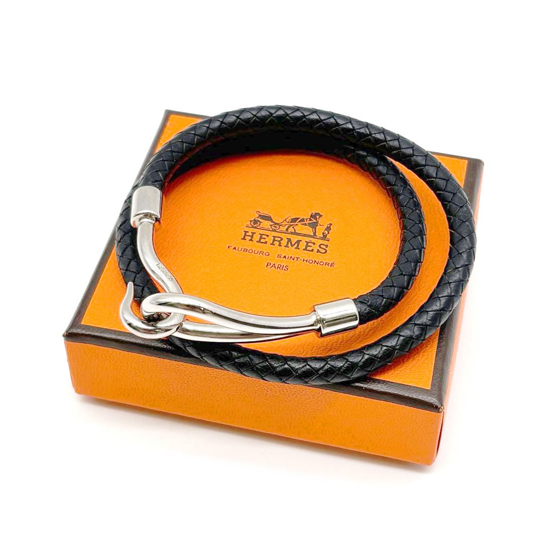 HERMES エルメス レザーブレスレット ジャンボ 二重巻き 編み込みレザー ブラック/シルバー金具