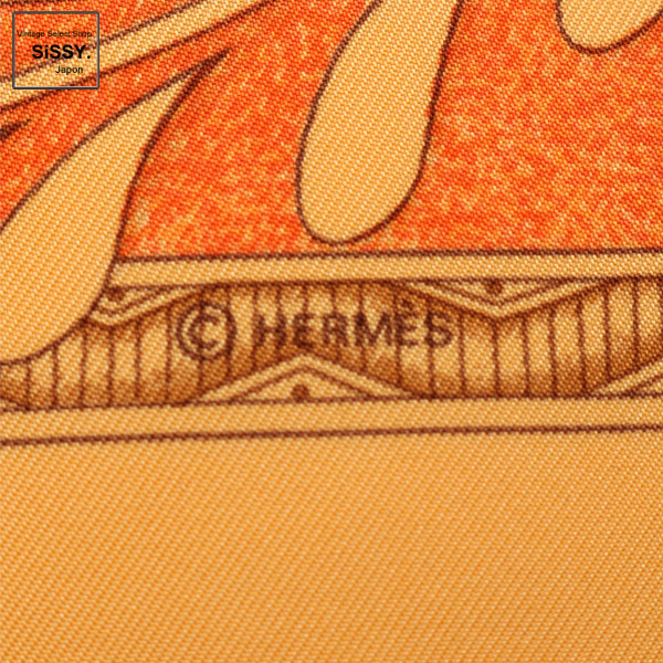 ■エルメス■ スカーフ カレ90 「Les chants du Henne」 シルク オレンジ イエロー 【HERMES】