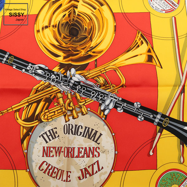 ■エルメス■ カレ90 スカーフ 「NEW ORLEANS THE ORIGINAL CREOLE JAZZ」 シルク オレンジ マルチカラー 【HERMES】
