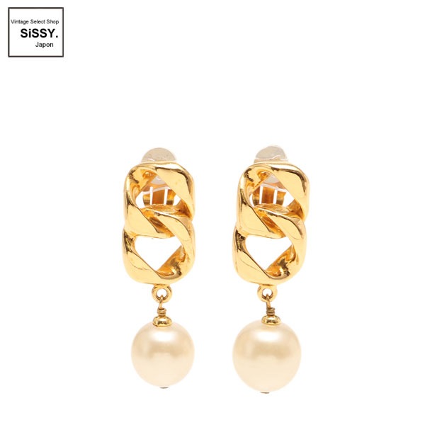 ■シャネル■ ヴィンテージ チェーンイヤリング フェイクパール ゴールド 93A 【CHANEL】