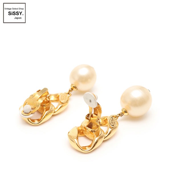 ■シャネル■ ヴィンテージ チェーンイヤリング フェイクパール ゴールド 93A 【CHANEL】