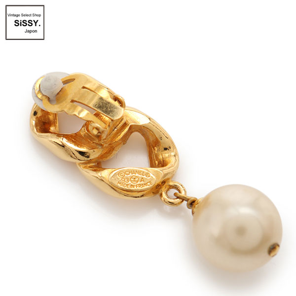 ■シャネル■ ヴィンテージ チェーンイヤリング フェイクパール ゴールド 93A 【CHANEL】