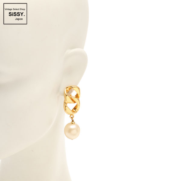 ■シャネル■ ヴィンテージ チェーンイヤリング フェイクパール ゴールド 93A 【CHANEL】