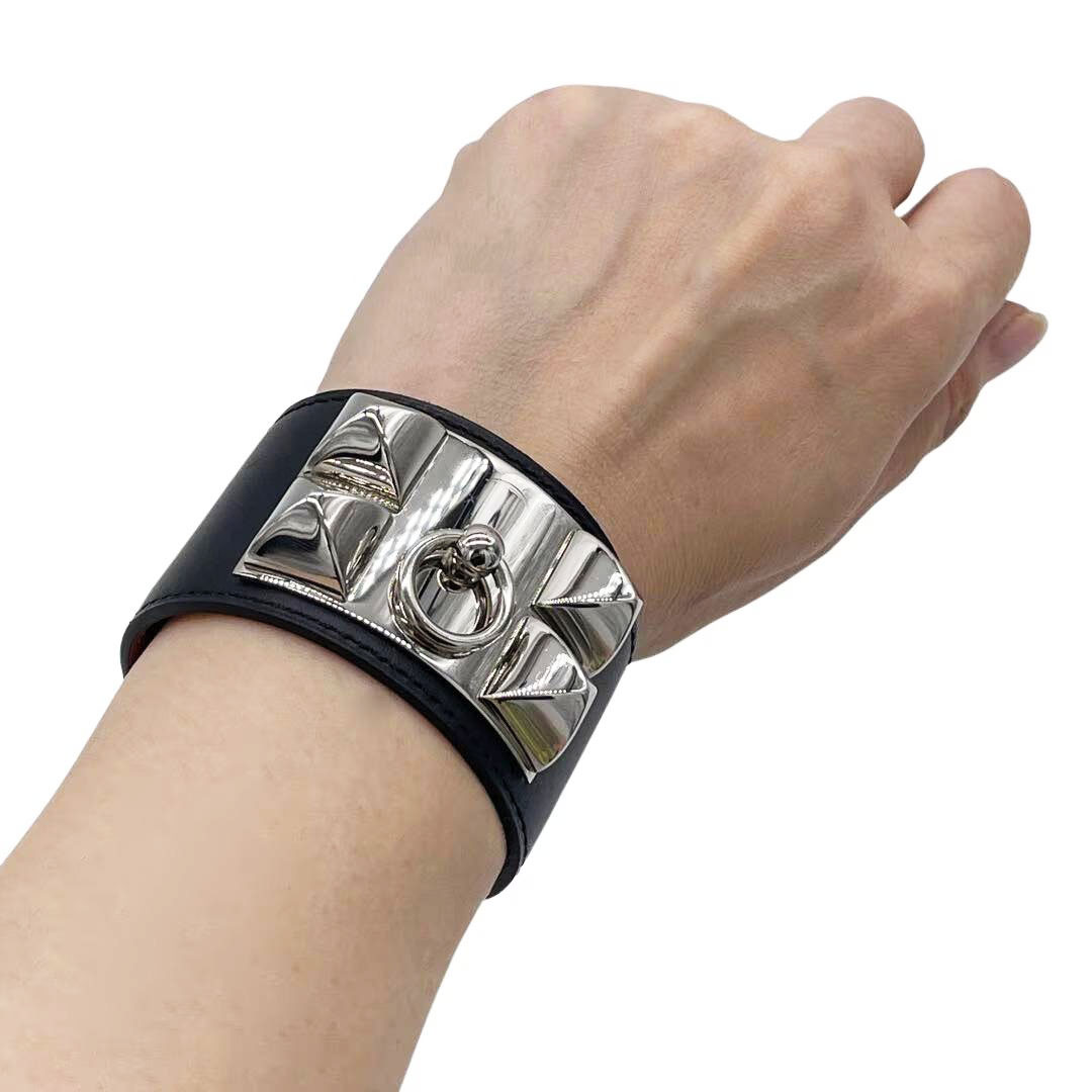 HERMES エルメス レザーブレスレット コリエドシアン Sサイズ ボックスカーフ ブラック/シルバー金具 X刻印
