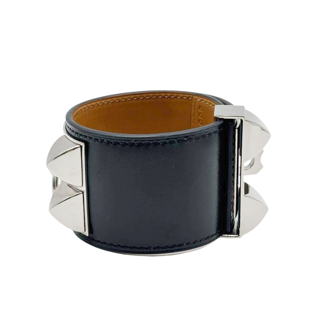HERMES エルメス レザーブレスレット コリエドシアン Sサイズ ボックスカーフ ブラック/シルバー金具 X刻印