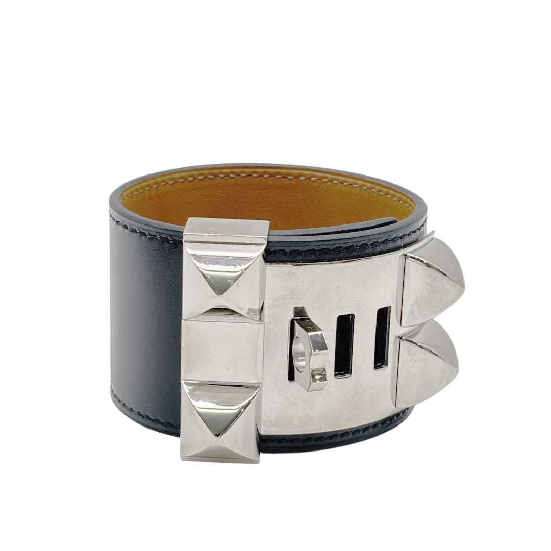 HERMES エルメス レザーブレスレット コリエドシアン Sサイズ ボックスカーフ ブラック/シルバー金具 X刻印