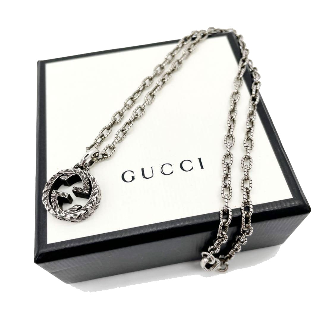 GUCCI グッチ インターロッキングG ペンダント ネックレス テクスチャードチェーン SV925 シルバー 455307 J8400 0811