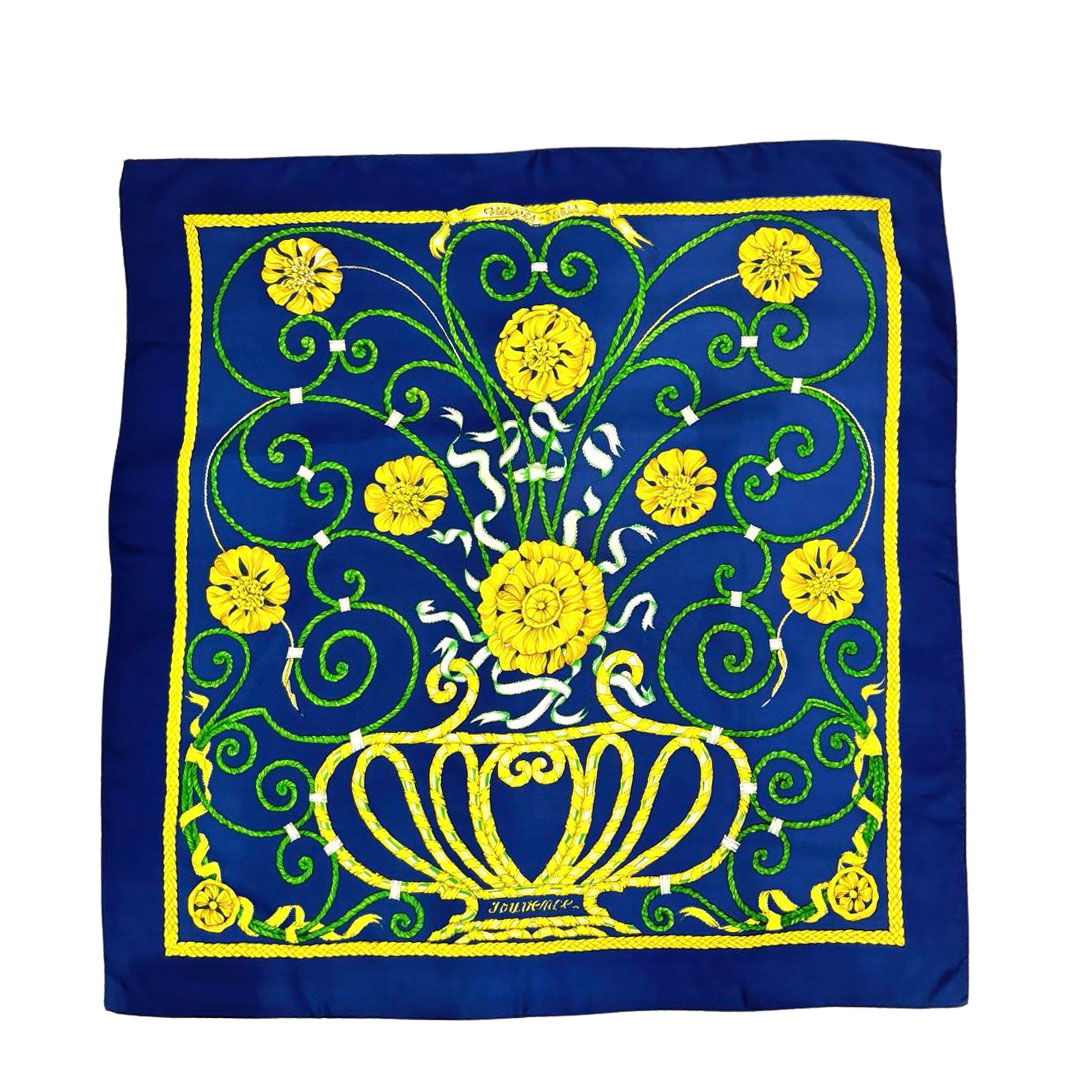 HERMES エルメス ヴィンテージスカーフ カレ90 『JOUVENCE(青春)』 シルク ネイビー/グリーン/イエロー系