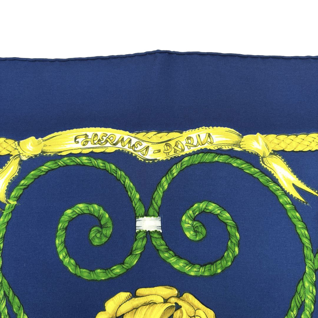 HERMES エルメス ヴィンテージスカーフ カレ90 『JOUVENCE(青春)』 シルク ネイビー/グリーン/イエロー系