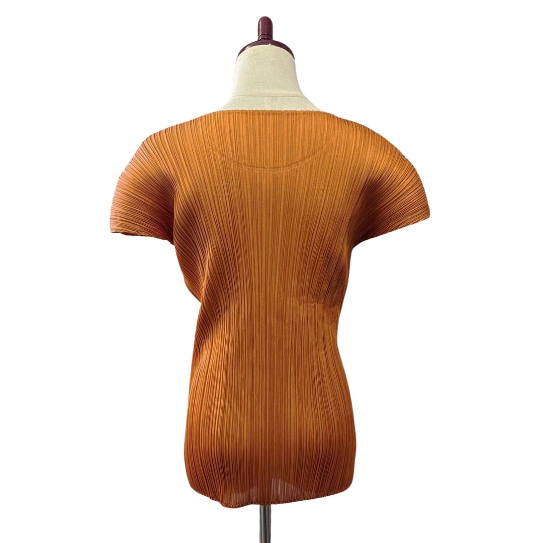 美品 プリーツプリーズ イッセイミヤケ PLEATS PLEASE シャツ ブラウス 半袖 ショートスリーブ ボーダー プリーツ トップス レディース 4(XL相当) イエロー/ブルー PLEATS PLEASE ISSEY MIYAKE - 美品 プリーツプリーズ イッセイミヤケ