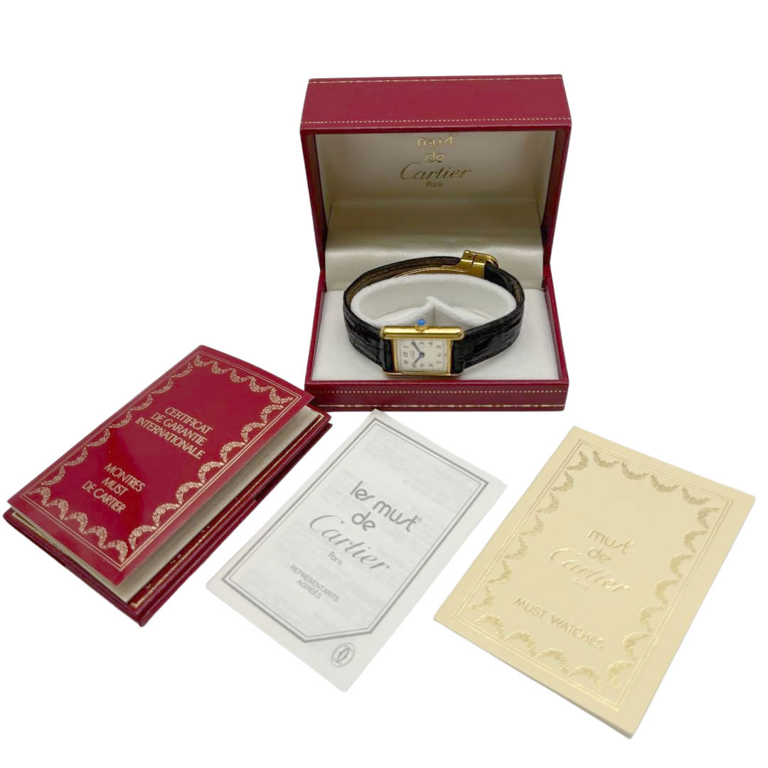 Cartier カルティエ レディース腕時計 マストタンクSM アラビア文字盤 QZ 925/レザー ゴールド/ブラック W1002954 5057001