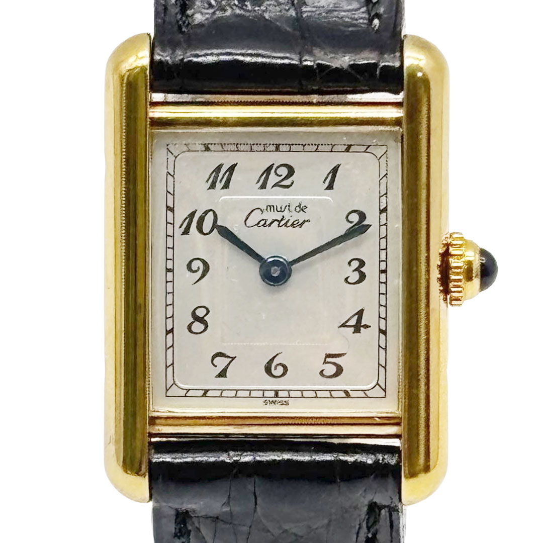 Cartier カルティエ レディース腕時計 マストタンクSM アラビア文字盤 QZ 925/レザー ゴールド/ブラック W1002954 5057001