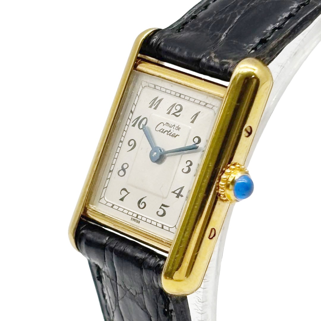 Cartier カルティエ レディース腕時計 マストタンクSM アラビア文字盤 QZ 925/レザー ゴールド/ブラック W1002954 5057001