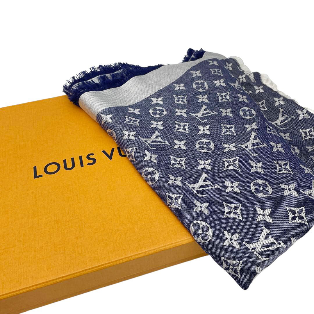 LOUIS VUITTON ルイヴィトン ショール・モノグラム デニム ブルー シルク/ウール M71376