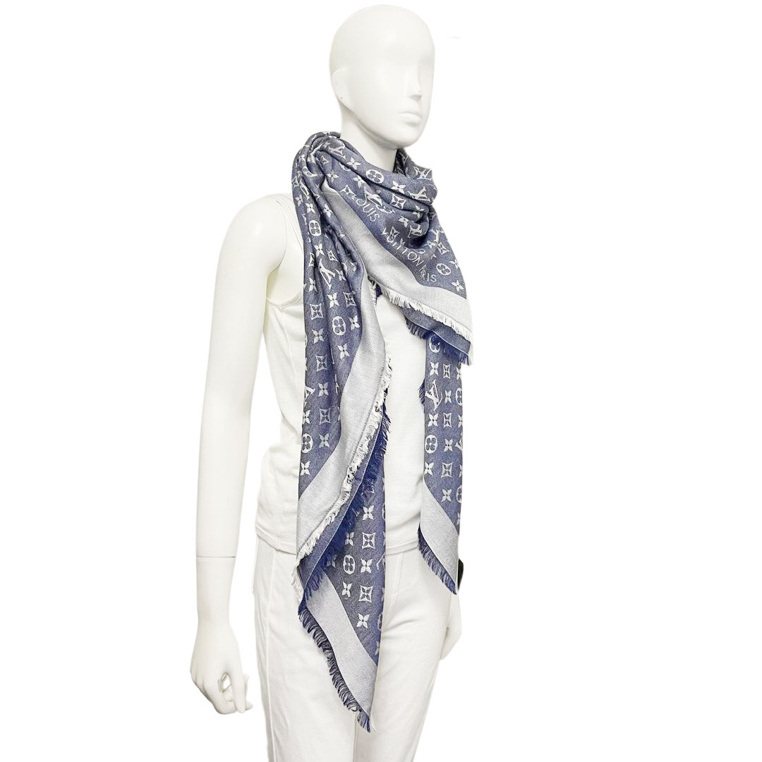 LOUIS VUITTON ルイヴィトン ショール・モノグラム デニム ブルー シルク/ウール M71376