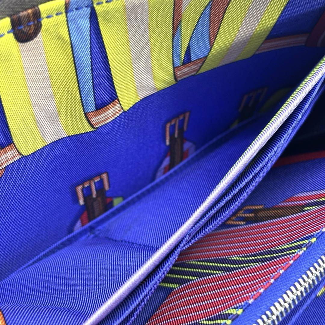 HERMES エルメス ラウンドファスナー 長財布 アザップ シルクイン ロング ヴォー・エプソン エトゥープ ブルーエレクトリック ベルト柄 スターマーク □R刻印