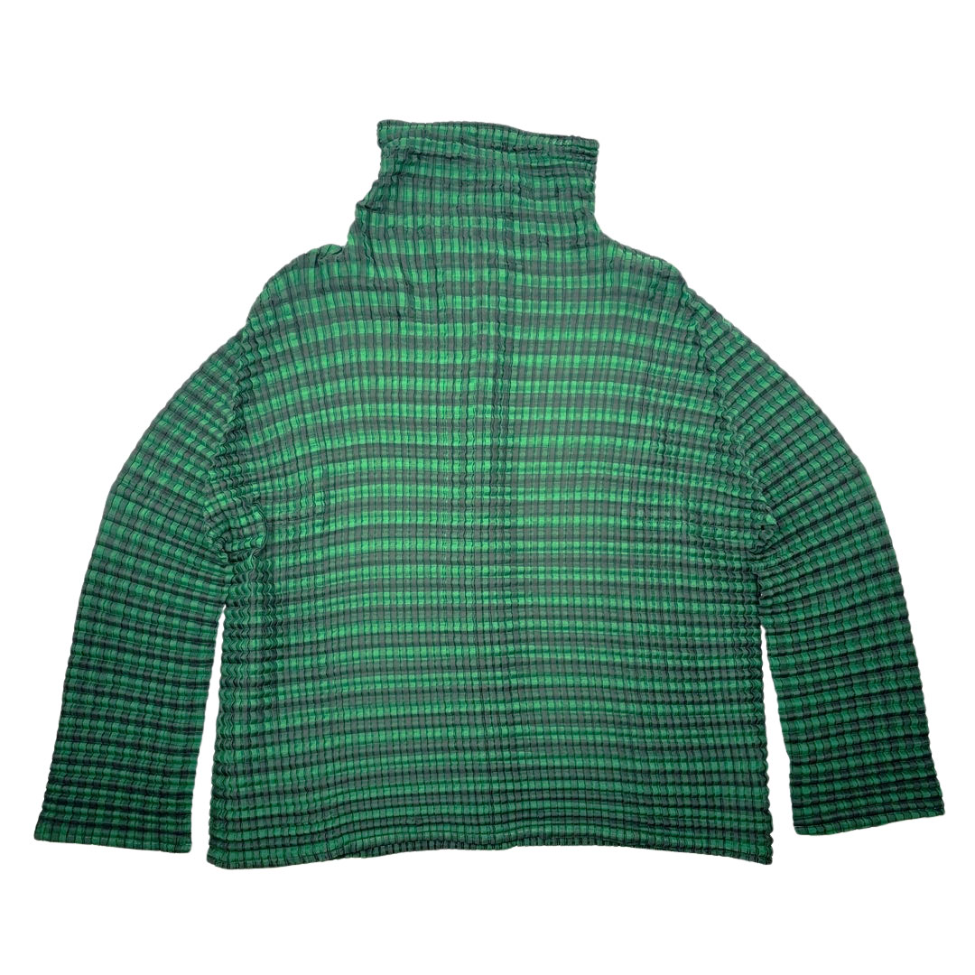 美品　プリーツプリーズ　イッセイミヤケ　洗える　長袖シャツブラウス　グリーン me ISSEY MIYAKE ミーイッセイミヤケ プリーツ 長袖ブラウス チェック