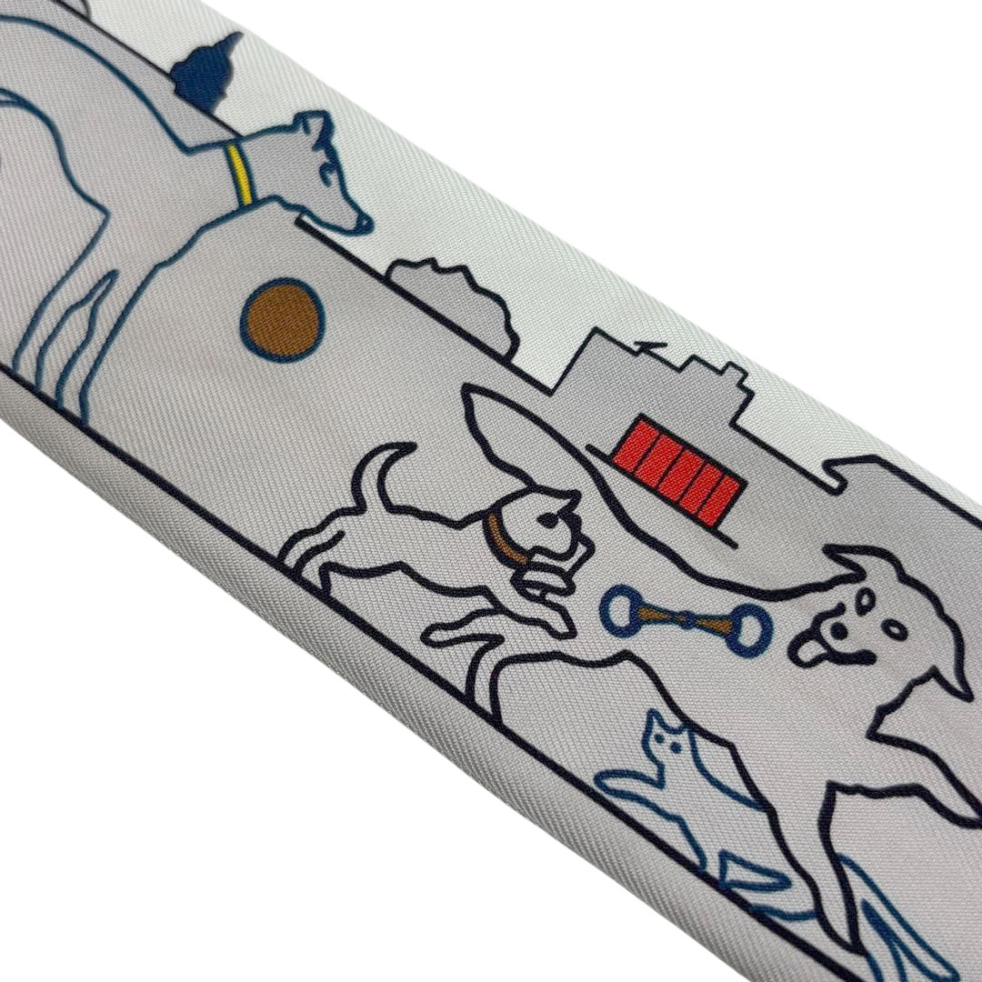 HERMES エルメス スカーフ ツイリー 『Les Chiens Parisiens(パリジャンの犬)』 シルク グレー/ネイビー系