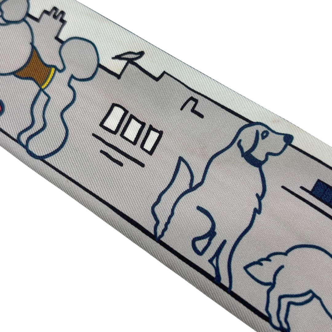 HERMES エルメス スカーフ ツイリー 『Les Chiens Parisiens(パリジャンの犬)』 シルク グレー/ネイビー系