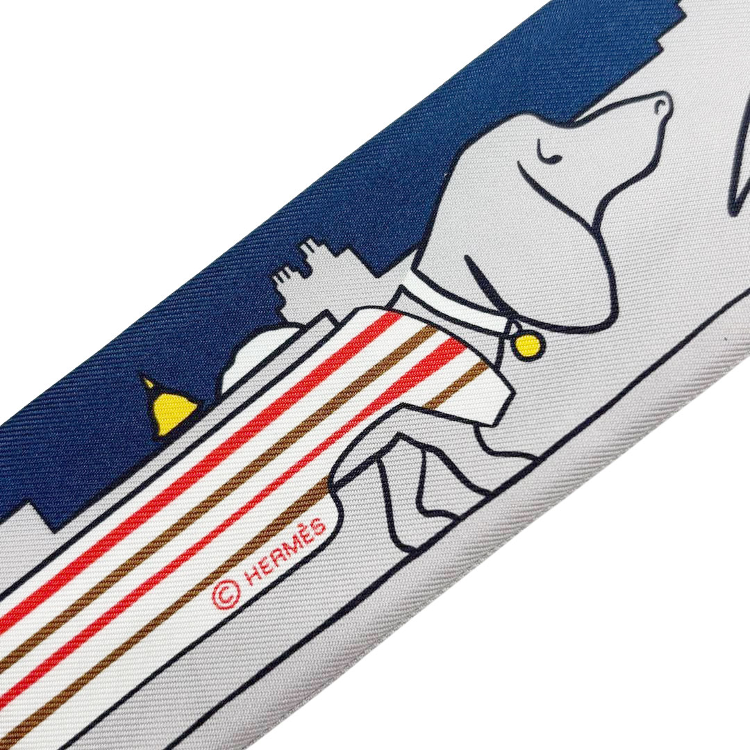 HERMES エルメス スカーフ ツイリー 『Les Chiens Parisiens(パリジャンの犬)』 シルク グレー/ネイビー系