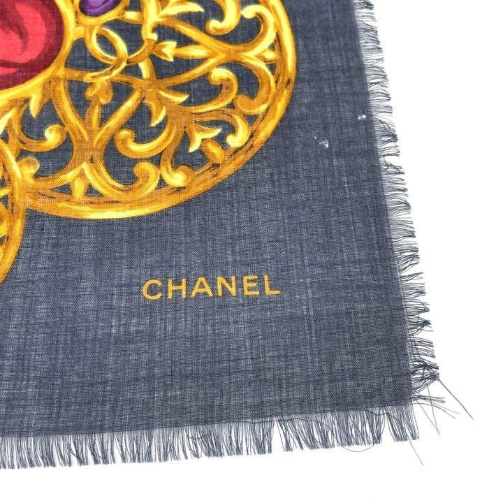 CHANEL シャネル ショール 大判スカーフ 宝石 ビジュー柄 シルク カシミア ネイビー系 ゴールド マルチカラー