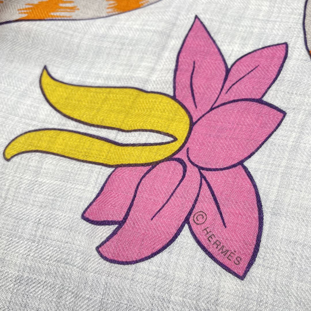 HERMES エルメス ショール ストール カレジェアン140『LES LEOPARDS(レオパード)』 カシミヤ シルク グリシネ / ピンク / オレンジ 2022春夏コレクション