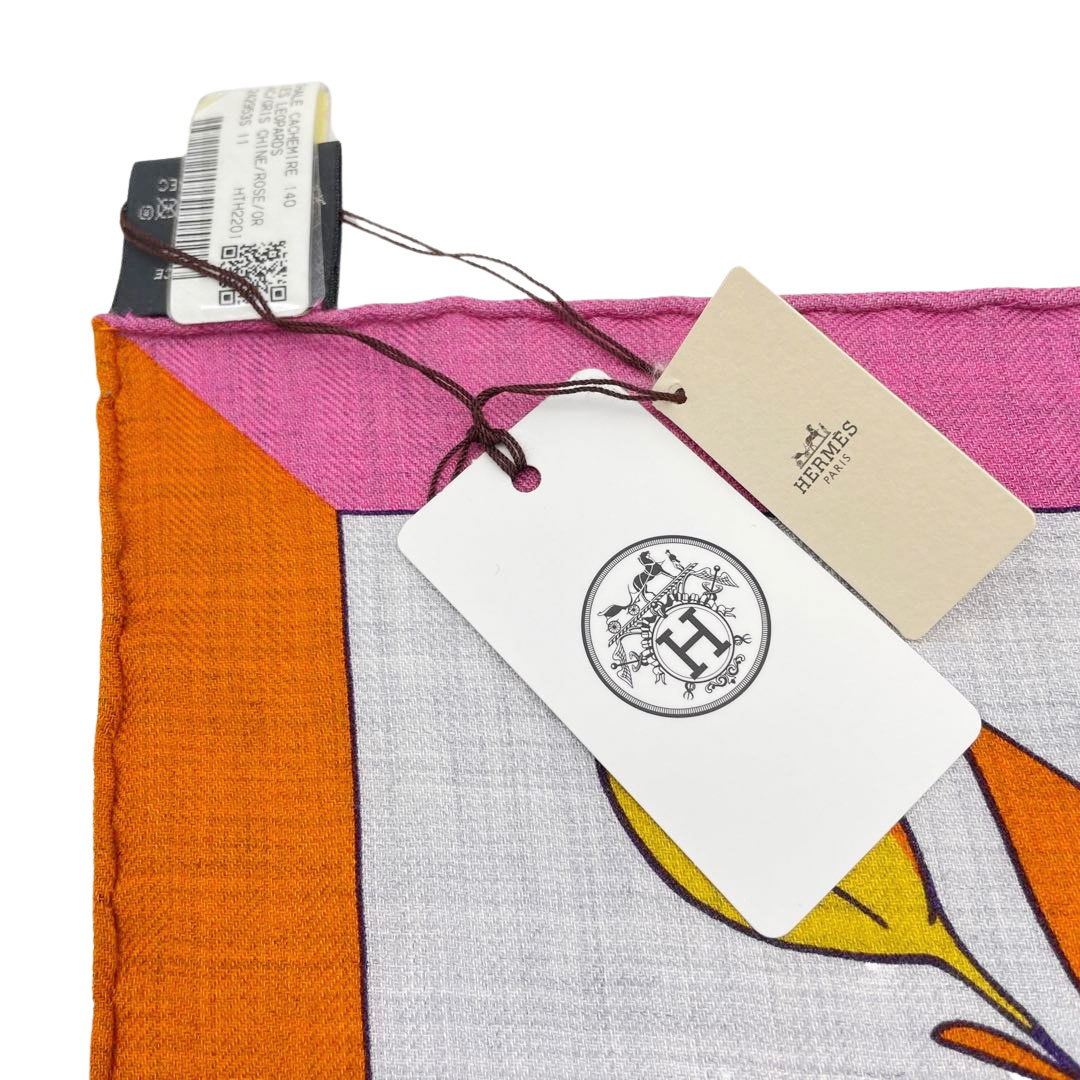 HERMES エルメス ショール ストール カレジェアン140『LES LEOPARDS(レオパード)』 カシミヤ シルク グリシネ / ピンク / オレンジ 2022春夏コレクション