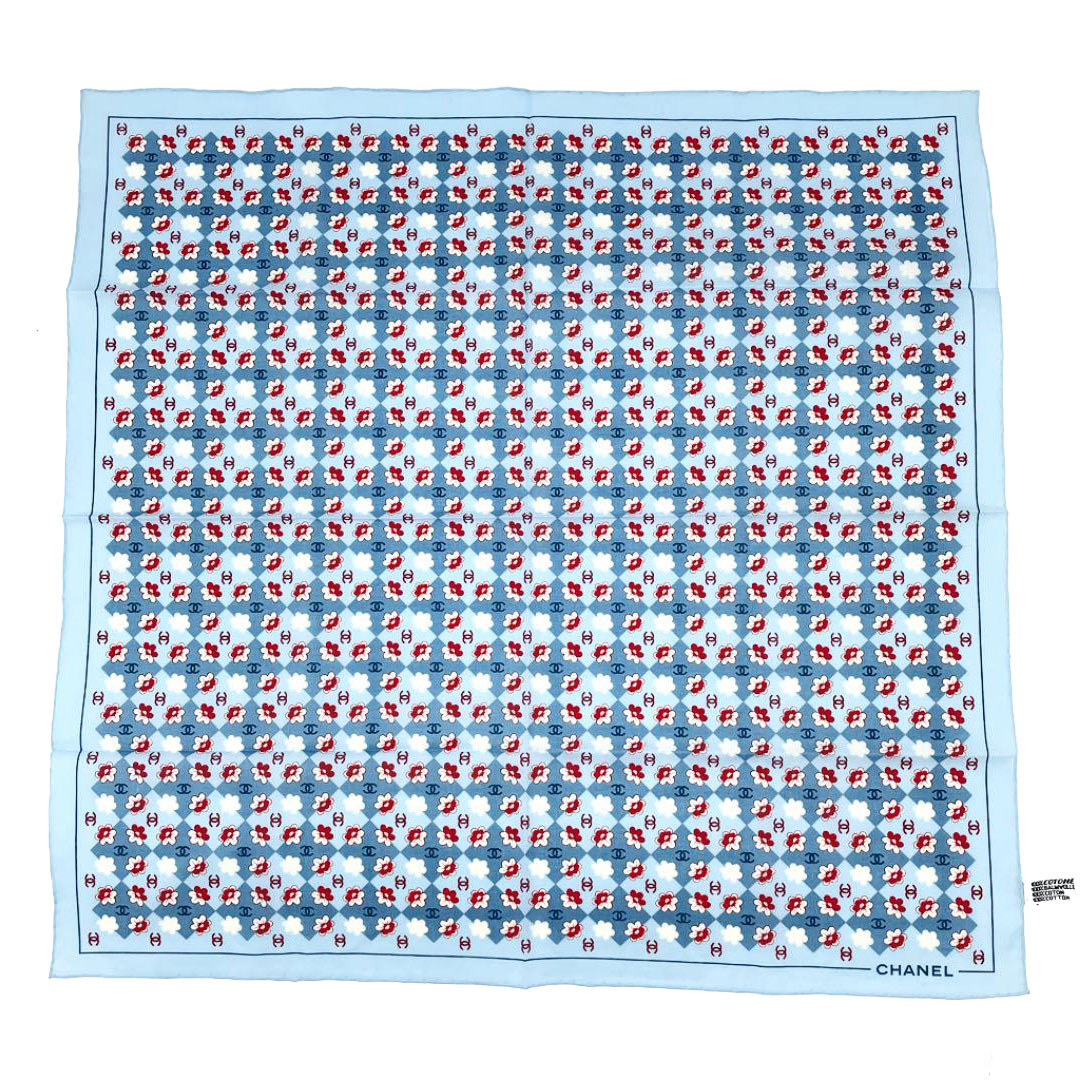 CHANEL シャネル ハンカチ ココマーク フラワー柄 コットン100% ライトブルー レッド