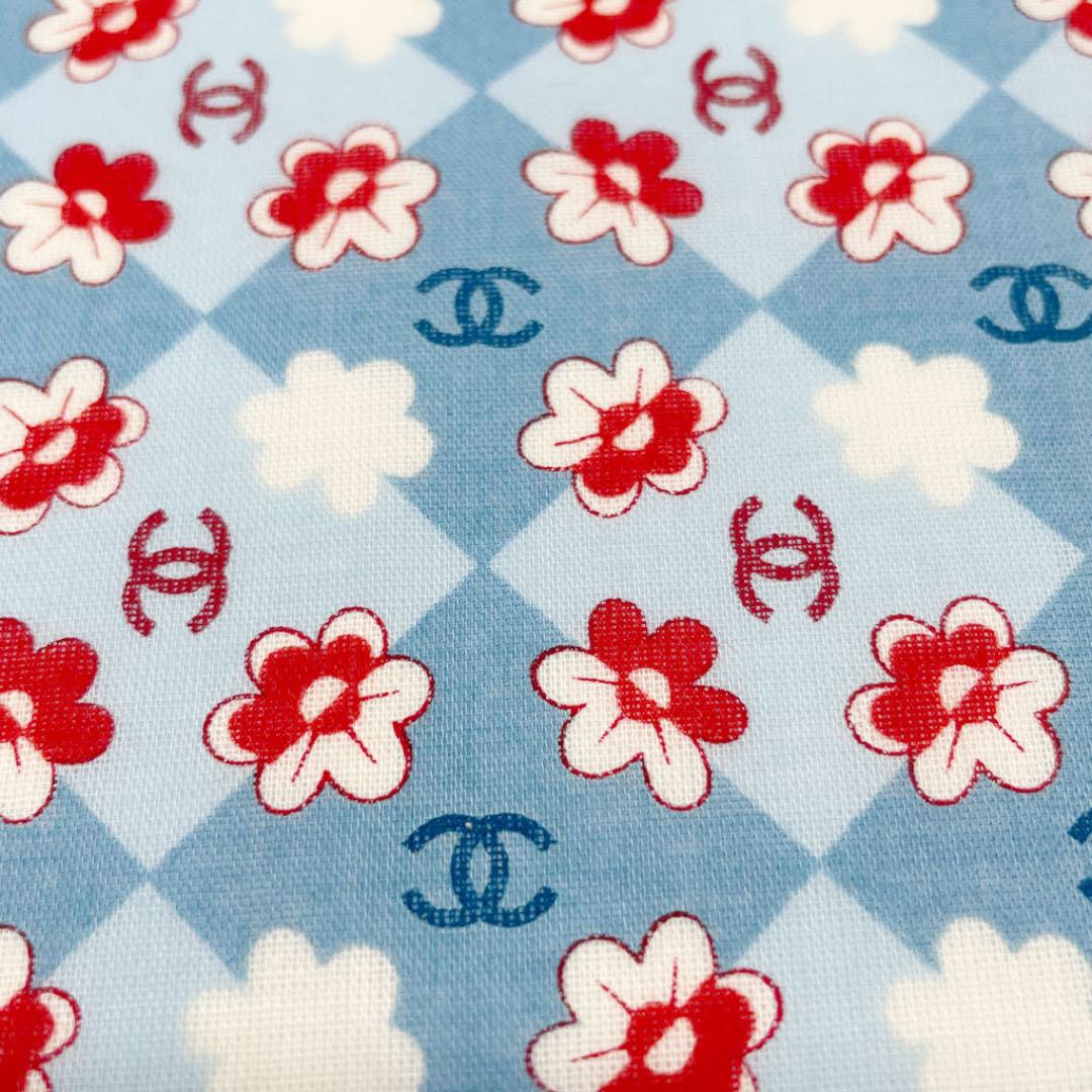 CHANEL シャネル ハンカチ ココマーク フラワー柄 コットン100% ライトブルー レッド