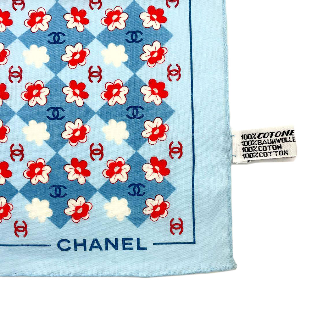 CHANEL シャネル ハンカチ ココマーク フラワー柄 コットン100% ライトブルー レッド