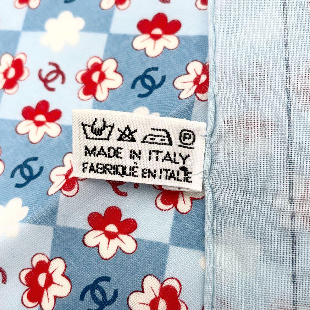 CHANEL シャネル ハンカチ ココマーク フラワー柄 コットン100% ライトブルー レッド