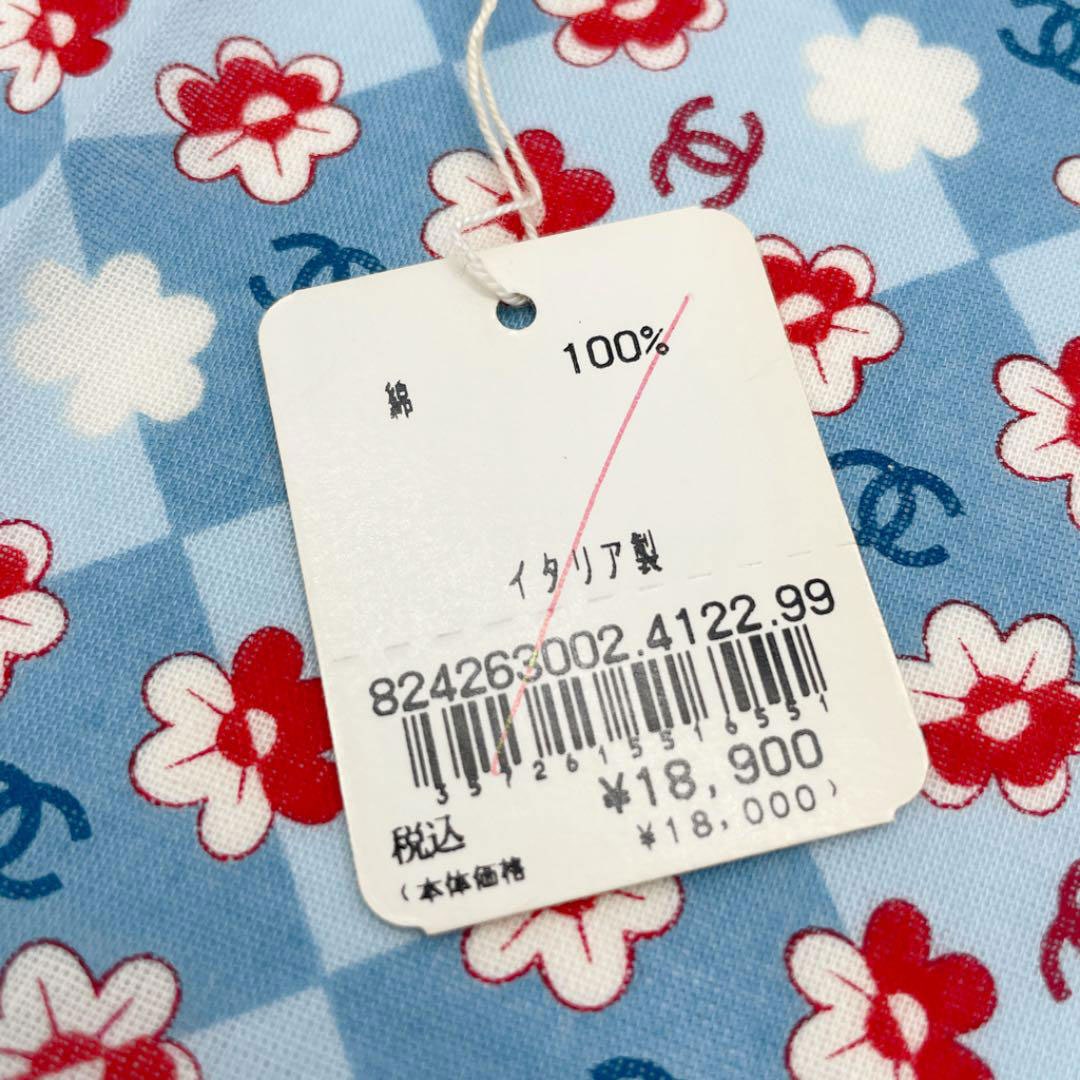 CHANEL シャネル ハンカチ ココマーク フラワー柄 コットン100% ライトブルー レッド