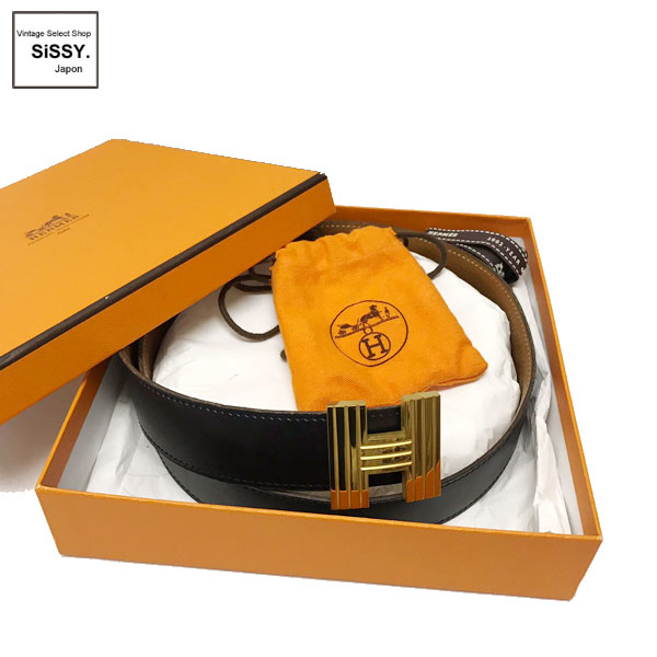 ■エルメス■ アッシュベルト Hベルト ベルト ボックスカーフ トゴ ブラック フォーヴ □F刻印 ゴールド金具 【HERMES】